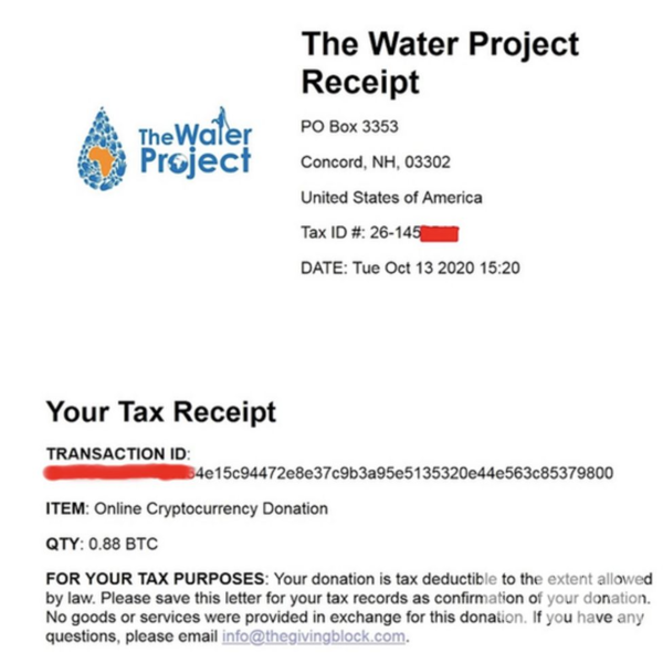 [사진] 다크사이드가 게시한 The Water Project에 보낸 0.88 비트 코인에 대한 대가로받은 세금 영수증