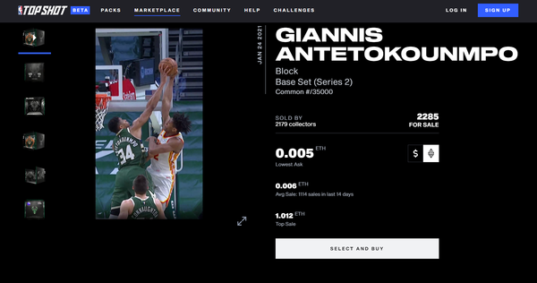 NBA탑샷에서 거래중인 NFT 수집품 / 출처 : nbatopshot.com