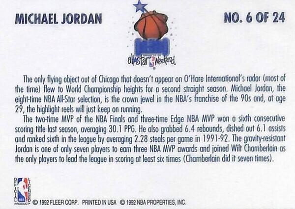 1992~93 시즌 NBA 올스타전, ‘플리어 농구 올스타 세트, 마이클 조단 카드 뒷면 [사진출처=플리어사]