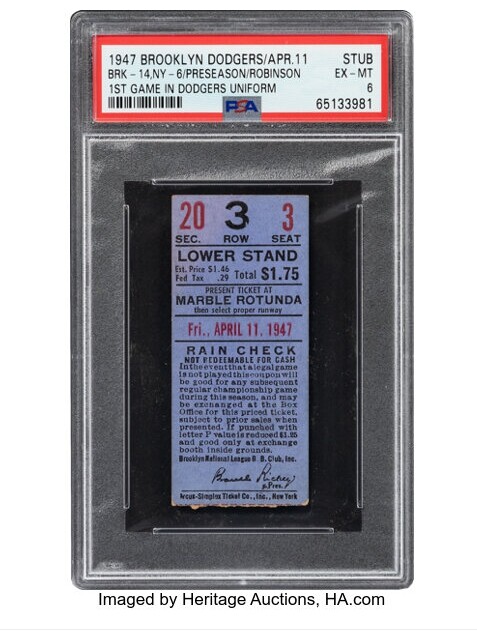 미국 최초의 흑인 메이저리거 잭 루즈벨트 로빈슨(Jack Roosevelt Robinson)의 첫 메이저리그 데뷔 경기 티켓 반권이 경매로 나온다. [사진출처=헤리티지옥션]