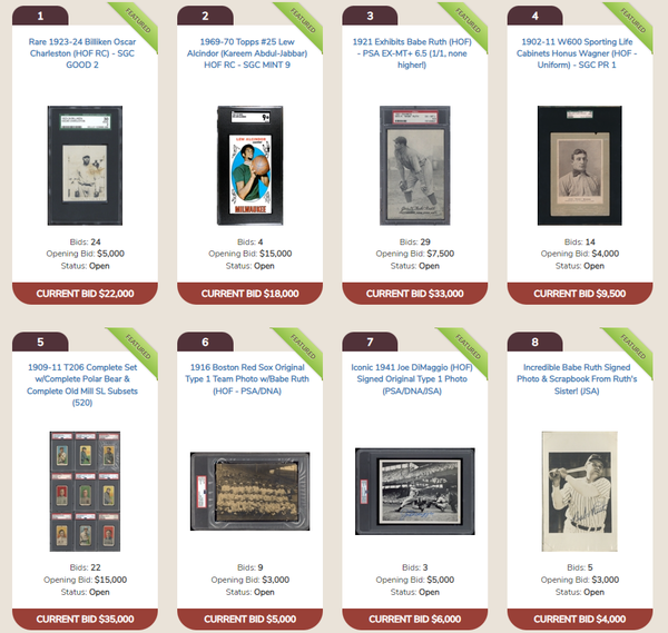 수집품과 트레이딩 카드 전문 인터넷 경매소인 ‘러브 오브 더 게임(Love of the Game) 옥션’이 11월 26일까지 희소성 있는 스포츠 카드와 기념품 등 460개 이상의 제품군을 경매에 내 놓는다.　[사진출처=러브 오브 더 게임]