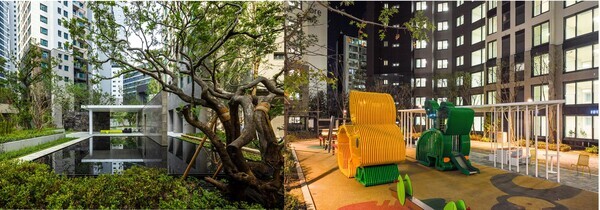 현대건설이 공공주택 부문에서 수상한 '디에이치 자이 개포 단지 조경(왼쪽)과 놀이터 디자인 부문 수상작 힐스테이트 홍은 포레스트 토끼놀이터(오른쪽)  사진=현대건설