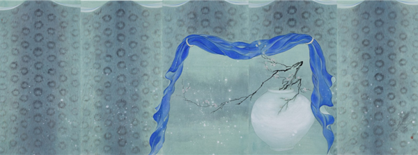 조미영CHOMIYOUNG_설화장막도Sulwhajangmakdo, 지본채색, 143cm x 375cm (75cm x5폭), 2023_1,2,3,4,5 snow blossom/ leopard pattern curtain