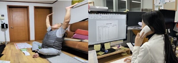 영등포구는 관내 거주 어르신들의 지매예방을 위한 ‘홈스쿨링 홈런(Home-Learn)’ 활성화에 힘을 기울이고 있다. 사진은 영상을 보며 운동을 따라하고 있는 어르신(왼쪽)과 치매안심센터 직원이 ‘홈스쿨링 홈런’에 참여하고 있는 어르신을 모니터링하고 있는 모습(오른쪽). 사진=영등포구청