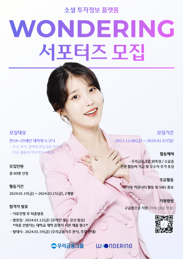 우리금융이 투자정보플랫폼 ‘원더링’ 대학생 서포터즈를 모집한다. 사진=우리금융