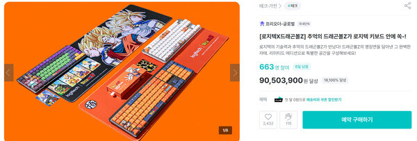 로지텍의 '드래곤볼Z' 콜라보 제품의 와디즈 펀딩 진행 상황. 사진=로지텍