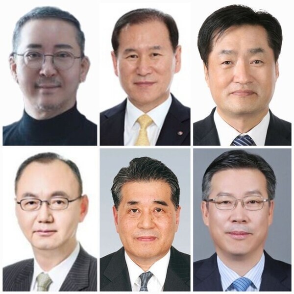 포스코그룹 차기 회장 후보 6인. (왼쪽 위부터 시계방향으로) 권영수 전 LG에너지솔루션 부회장, 김동섭 현 한국석유공사 사장, 김지용 현 포스코홀딩스 미래연구원장, 전중선 전 포스코홀딩스 사장, 장인화 전 포스코 사장, 우유철 전 현대제철 부회장. 사진=뉴시스
