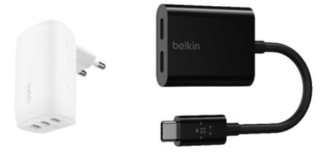 벨킨 부스트차지 67W 트리오 USB-C PD 3.1 PPS 고속 충전기 가정용 충전기(좌), 벨킨 듀얼 C타입 젠더 오디오 + 충전 어댑터 (우). 사진=벨킨