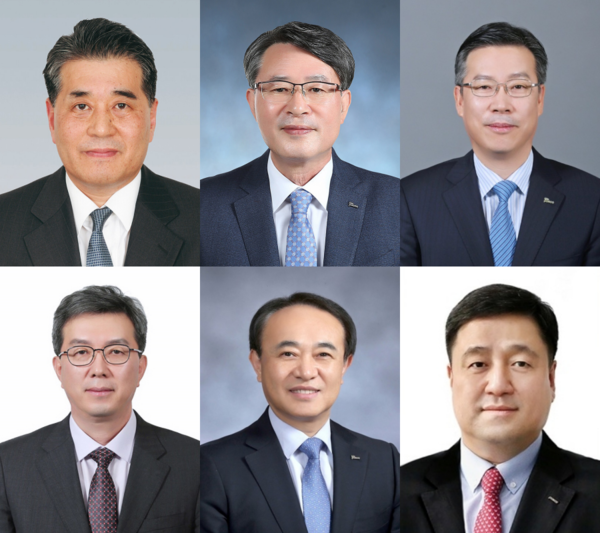 왼쪽부터 시계방향으로 장인화 포스코홀딩스 회장 후보. 이시우 포스코 대표이사 사장. 전중선 포스코이앤씨 대표이사 사장. 이계인 포스코인터내셔널 대표이사 사장, 유병옥 포스코퓨처엠 대표이사 사장, 김준형 포스코홀딩스 
