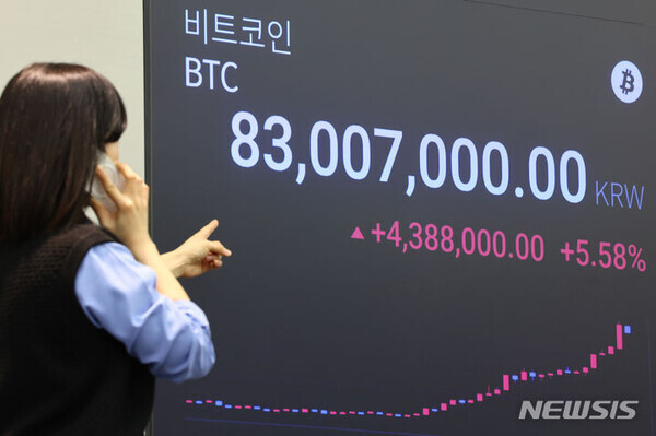 가상화폐 비트코인의 가격이 역대 최고가를 경신한 28일 서울 강남구 업비트 라운지에 비트코인 시세가 표시돼 있다.