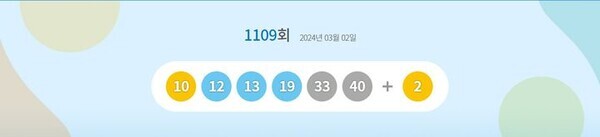 2일 제1109회 동행복권 로또 추첨 결과 '10, 12, 13, 19, 33, 40'이 1등 당첨 번호로 결정됐다. 2등 보너스 번호는 '2'이다. 사진=동행복권 홈페이지 캡쳐